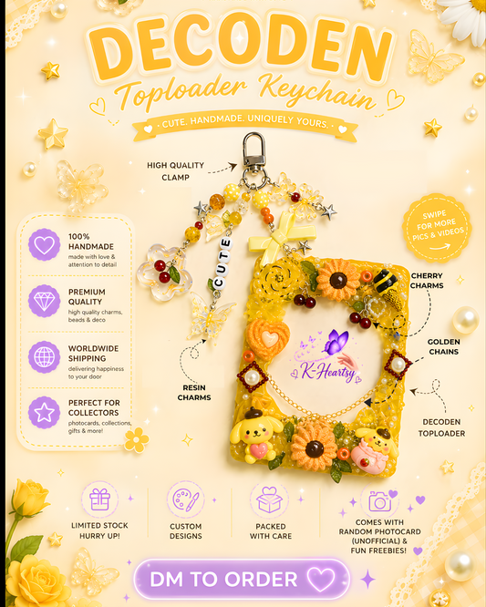 Cute Yellow Decoden Toploader with Keychain | Handmade Kawaii Photocard Holder | K Heartsy